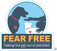Fear_Free_Logo A silhouette of a dog and cat with red collars and heart shapes, next to a persons hand. Text below reads, FEAR FREE Taking the pet out of petrified..
